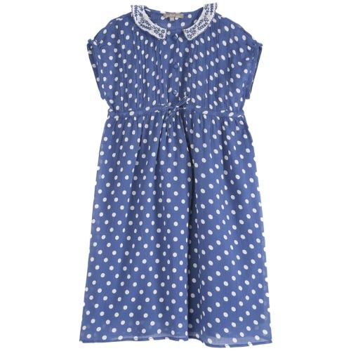 EMILE ET IDA I Blue mid-length dress with white polka dots